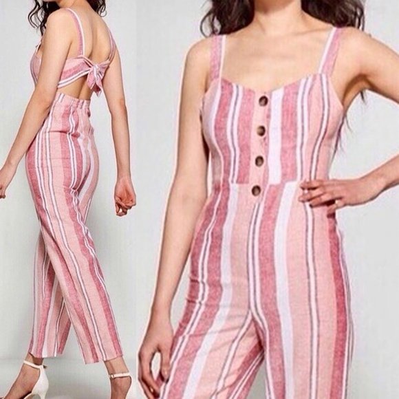 NEW Pink Striped Button Front Cutout Tie Open Back Linen Blend Jumpsuits $140 - Picture 6 of 8